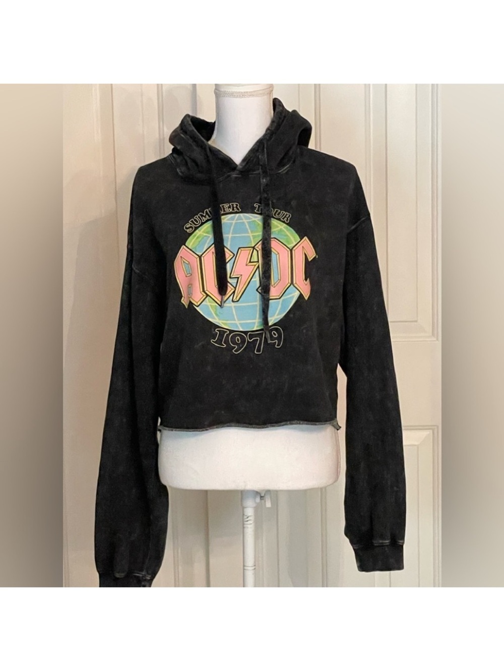 AC/DC Black Cropped Hoodie with Pastel Graphic